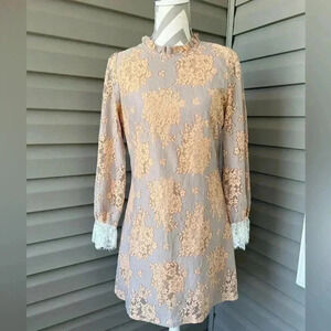 Allegra K Women's Cocktail Elegant Ruffle Crew Neck Floral Lace Shift Dress Sz S